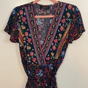 Zesica Blue and Black Ruffled Wrap Maxi Dress